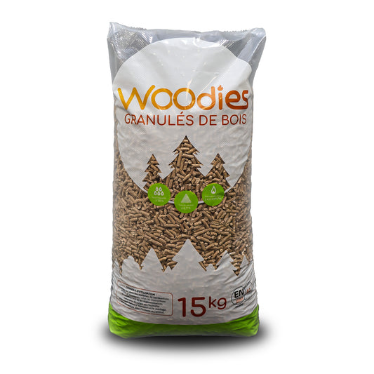 Palette de 65 sacs de Pellet de bois Woodies – Din+, PEFC 100% résineux 🇧🇪